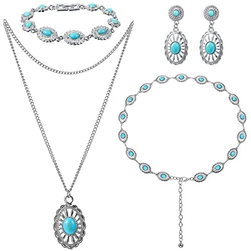 Stylish Vintage Turquoise Jewelry Set with Adjustable Belt, Earrings & Necklace