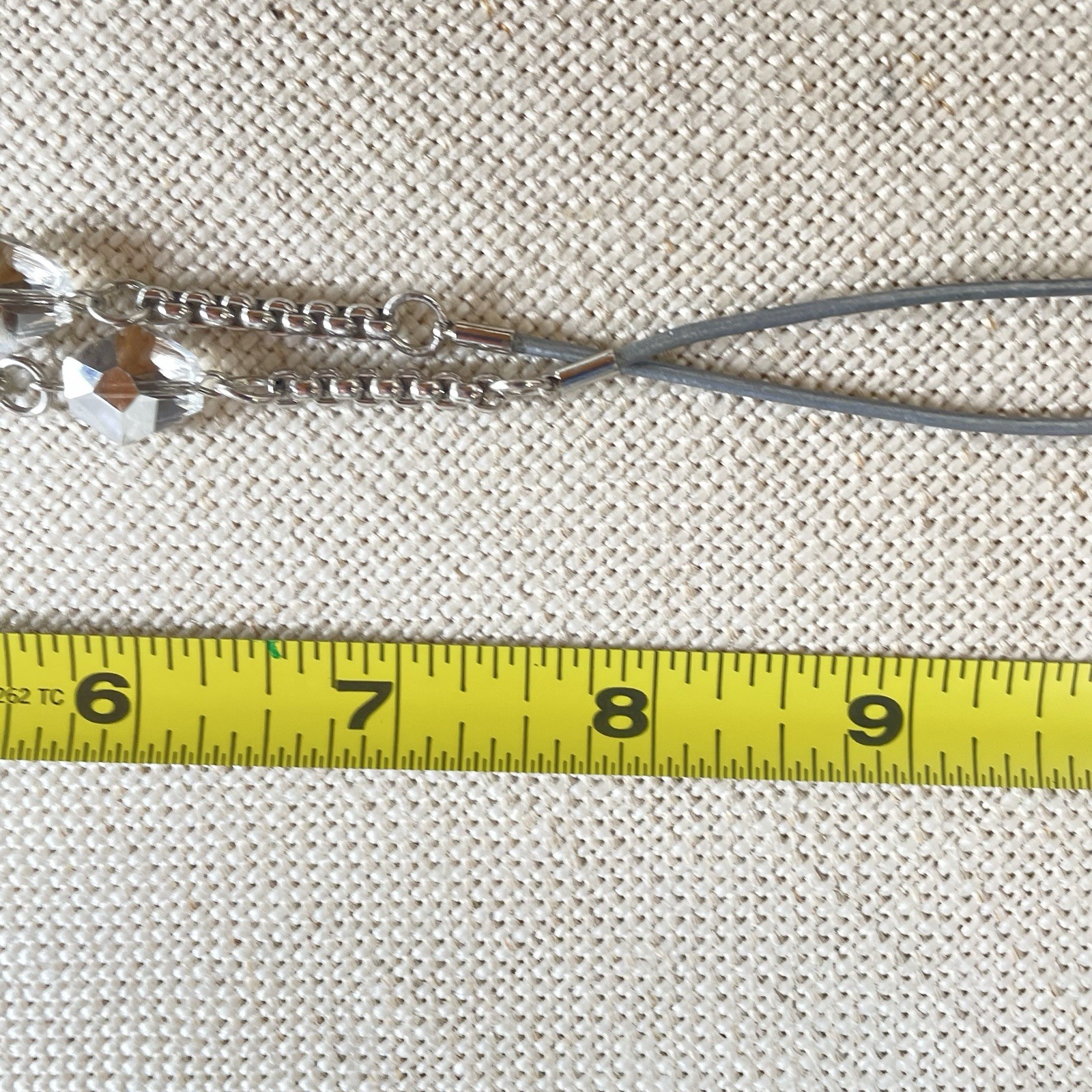 Chico’s Silver Tone Textured Chain Gray Cord Blue Jewel Charm Necklace Chic 34”