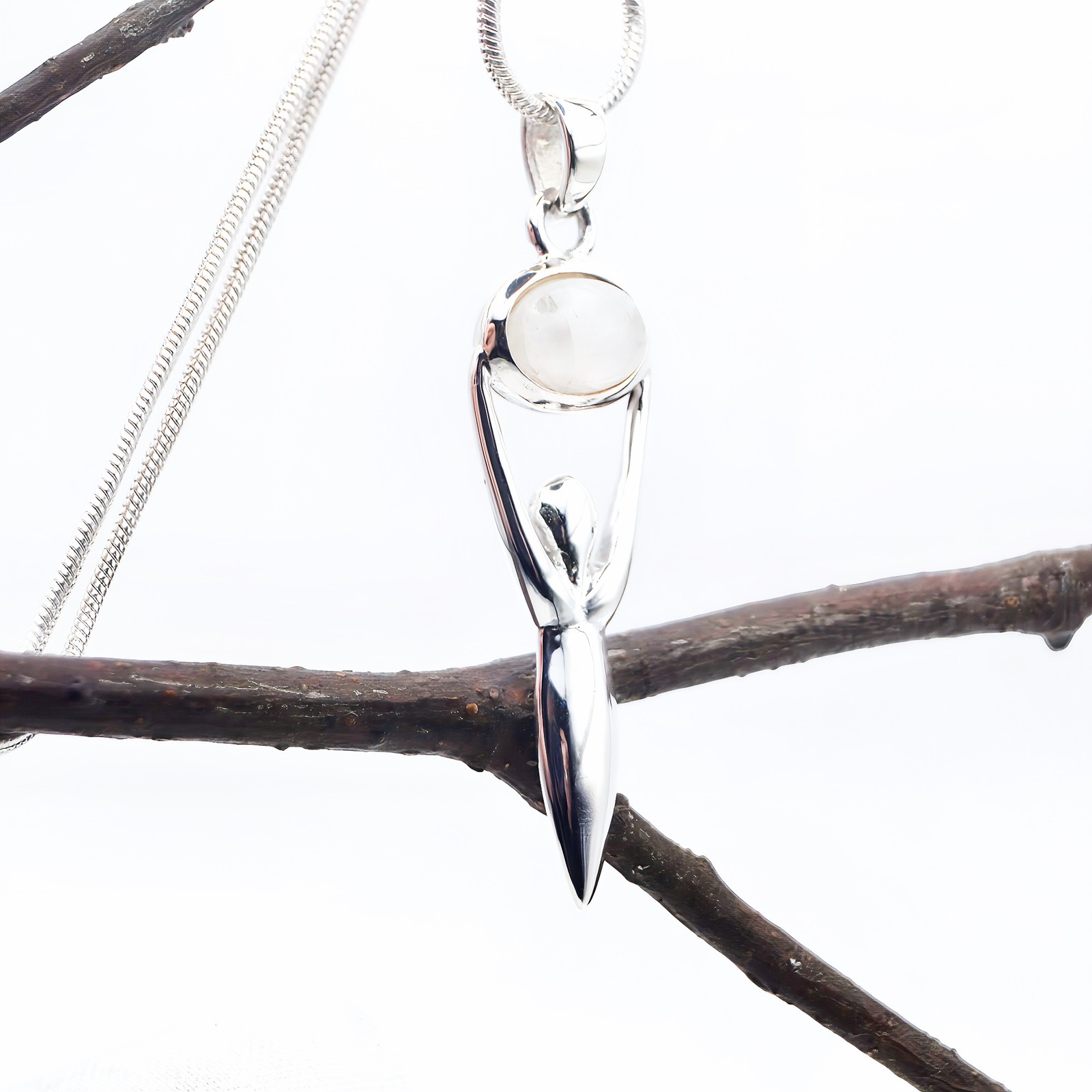 Moonstone Goddess Dainty Pendant 925 Silver Natural Crystal Wicca