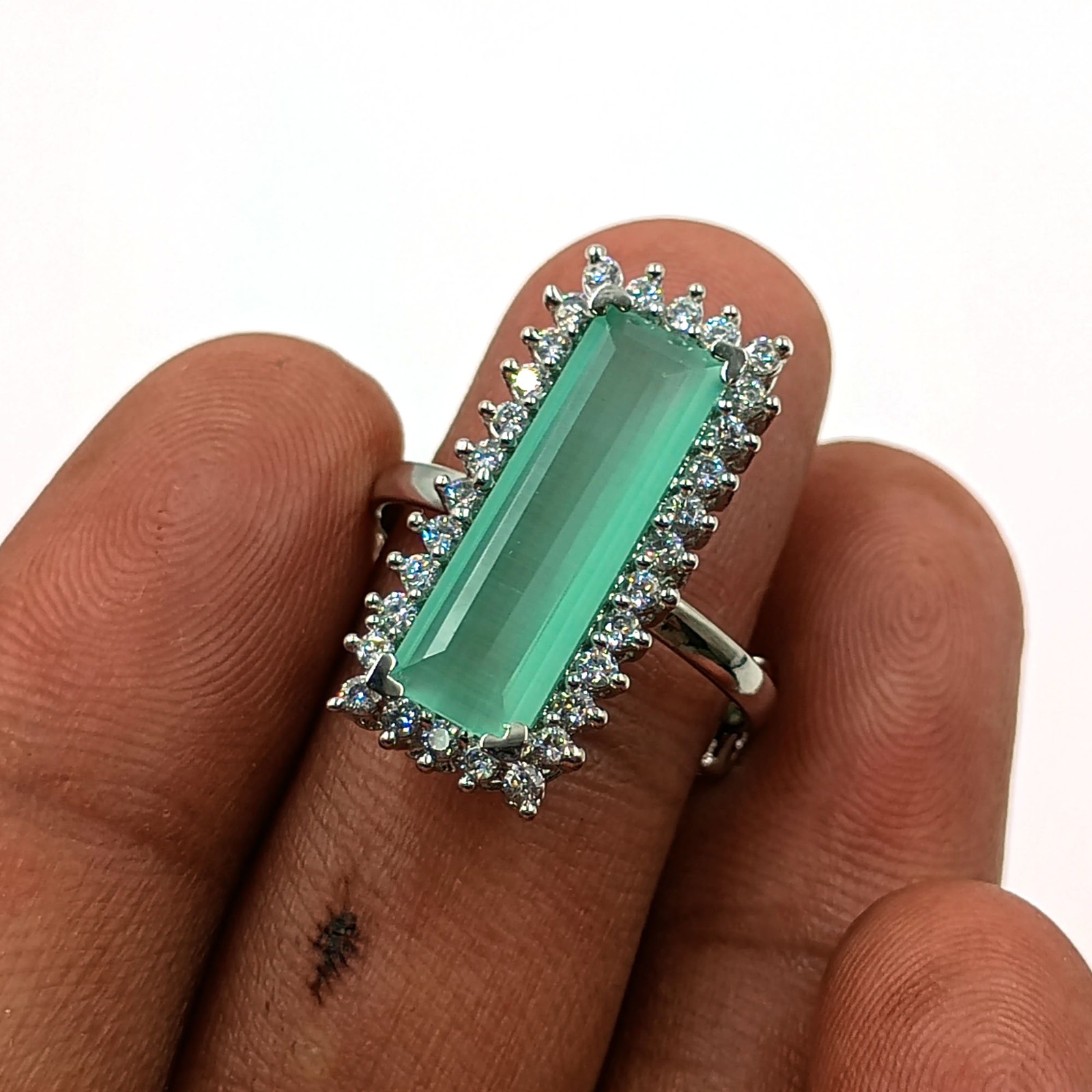 Elegant Aqua Chalcedony CZ Cocktail Ring Adjustable White Plated Boho Jewelry