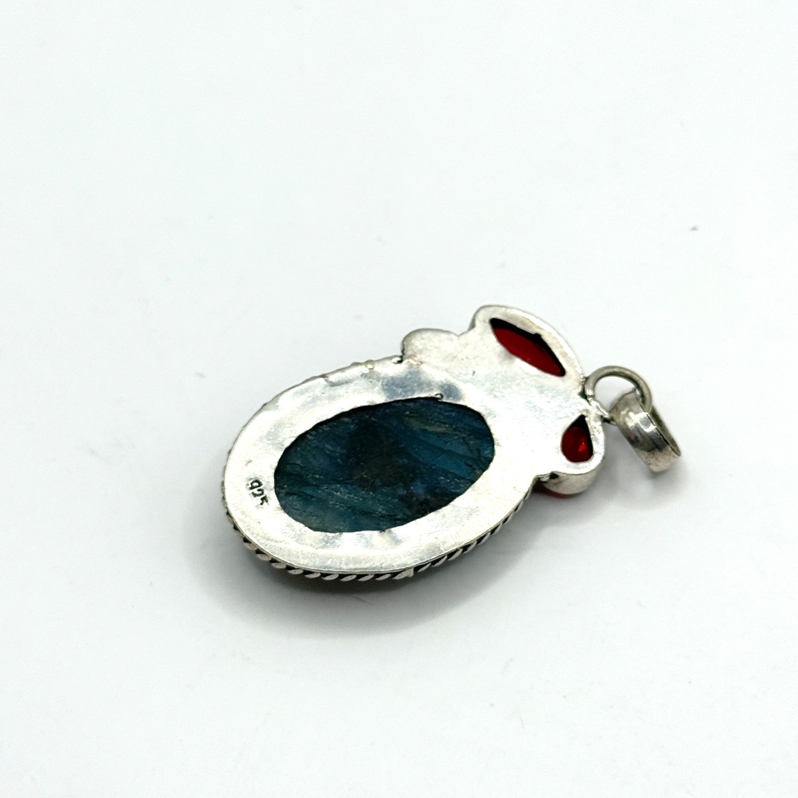 Vintage Rough Labradorite Garnet Gemstone Pendant Sterling Silver 925 Charm Blue