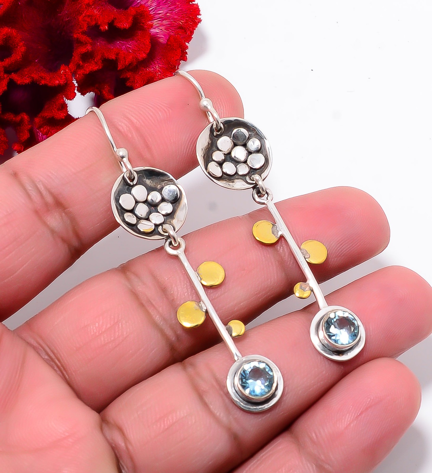 Aquamarine 925 Sterling Silver Two Tone Earring 2.25″ E94233