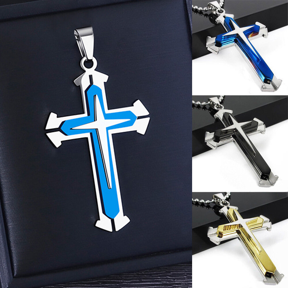 Vintage Cross Pendant Necklace BLUE & Gold Stainless Steel Alloy Unisex Crucifix