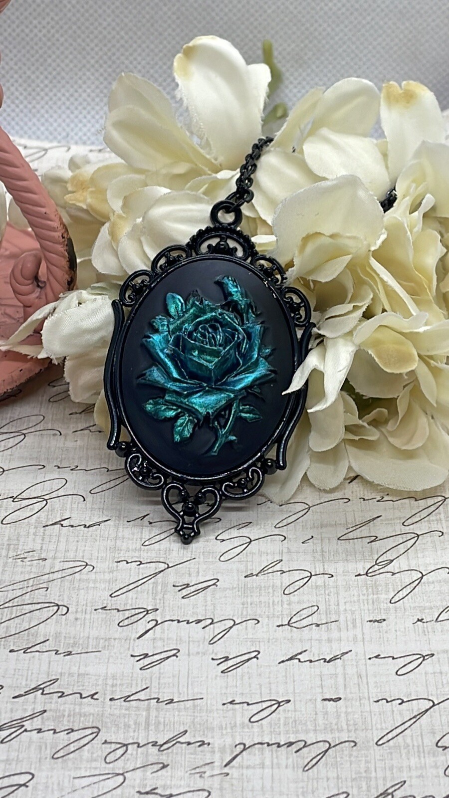 Teal Iridescent Rose Gothic CHRISTMAS Cameo Green Necklace Pendant Victorian