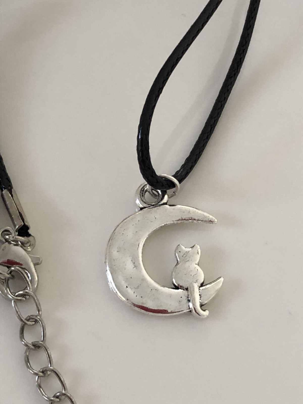 Cat Moon Crescent Genuine Leather Solid Silver Pendant Choker Necklace 45cm+5cm