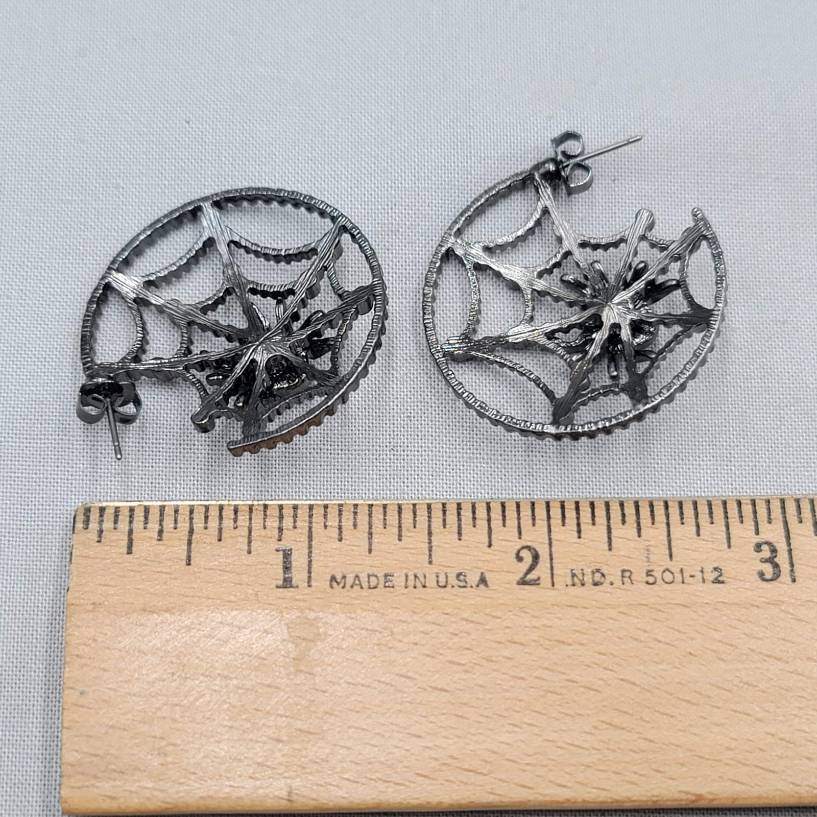 Spider Web Hoops Rhinestone Pierced Earrings Gunmetal Gray Dangle 1.25″
