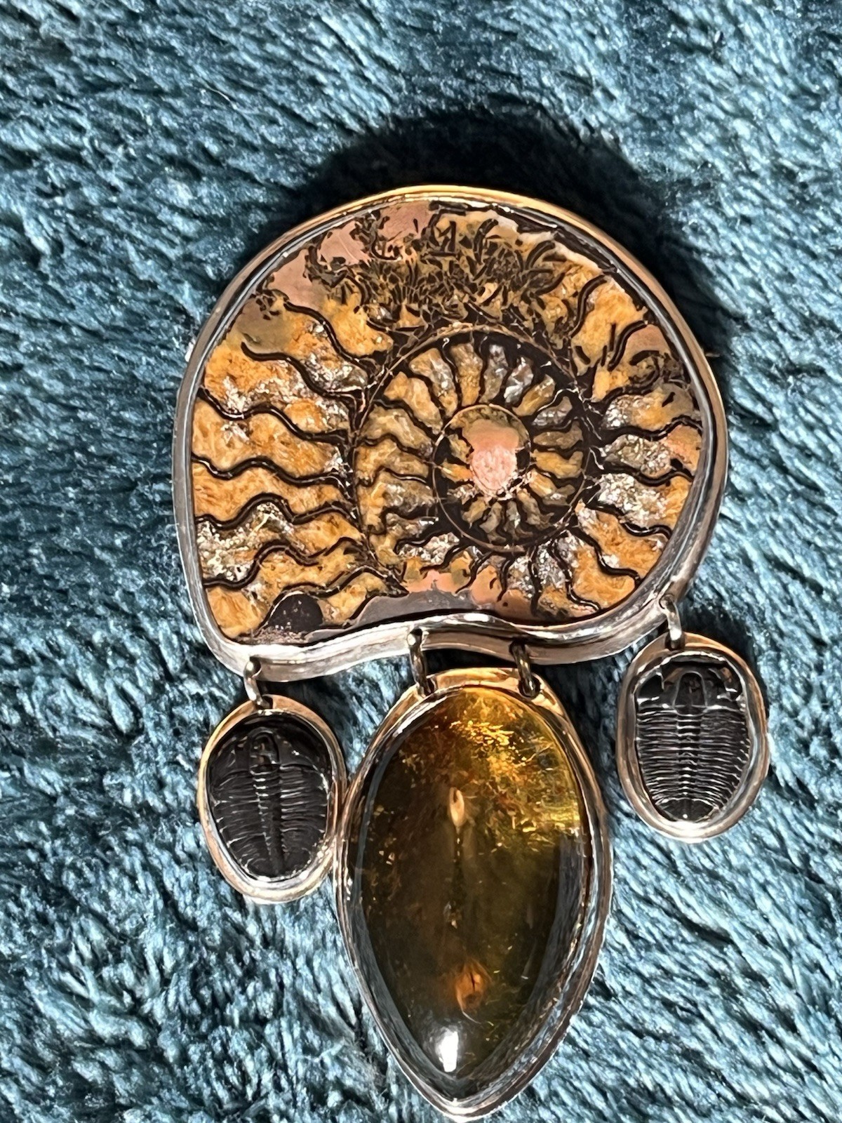 Fossil Ammonite, Amber and Trilobite Brooch/ Necklace Pendant set in 925 Silver