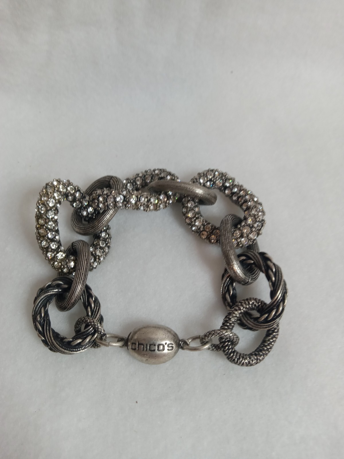 Chico’s Chunky 5″ Chain Link Rhinestone Bracelet Large Silver-Colored