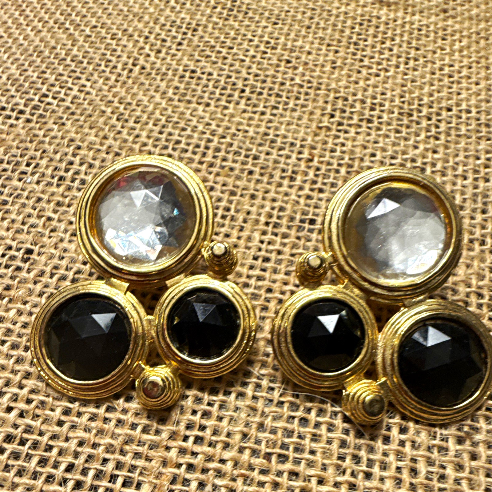 Gold Tone Black & Clear Crystal Round Cluster Stud Earrings Butterfly Closure
