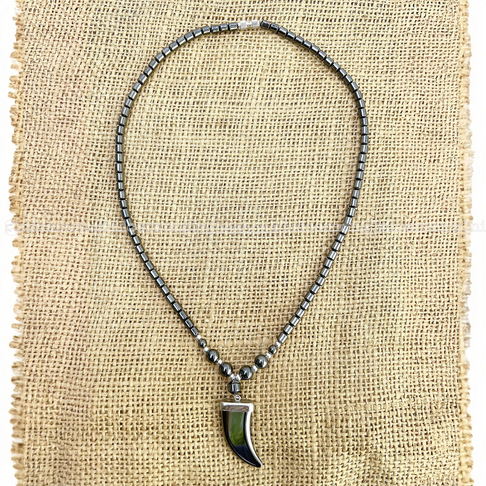 Hematite Chain Choker Necklace Tooth Leaf Coconut Peace Pendant 18″ 3 mm