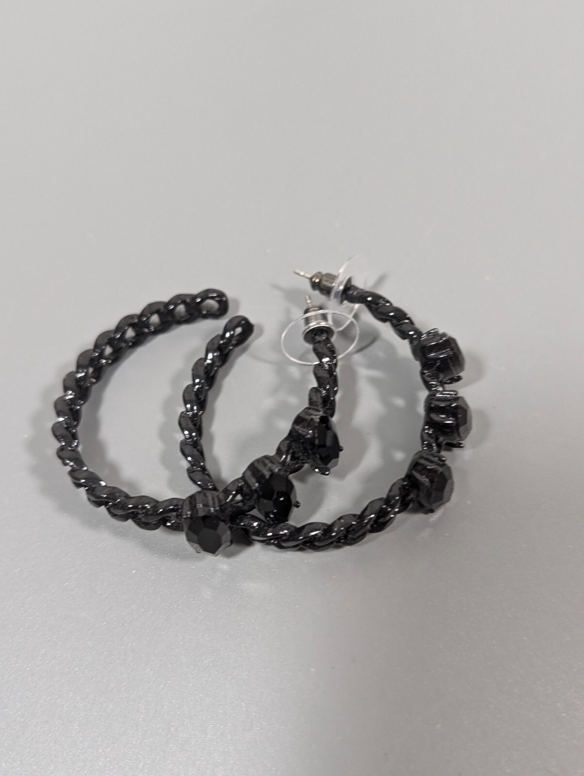 Black Enamel Rhinestone Chain Hoop Pierced Earrings Goth Whimsigoth