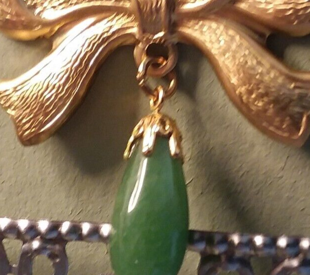 42mm Brass Stamping Ribbon Lapel/Pin Brooch W/20mm Green Dangle 06-01-2023