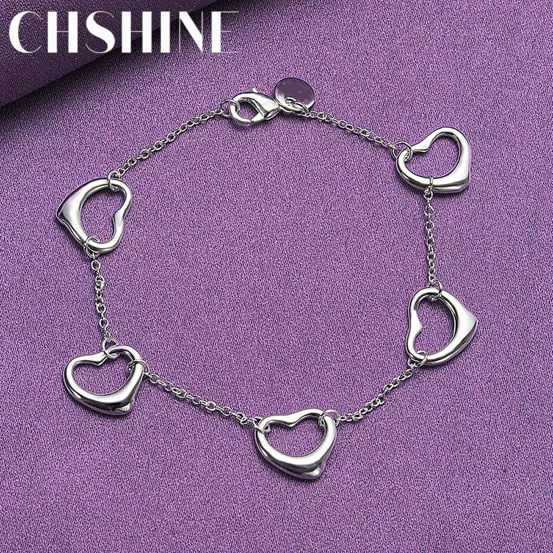CHSHINE 925 Sterling Silver Five Heart Bracelet Fashion Charm Jewelry 8inches