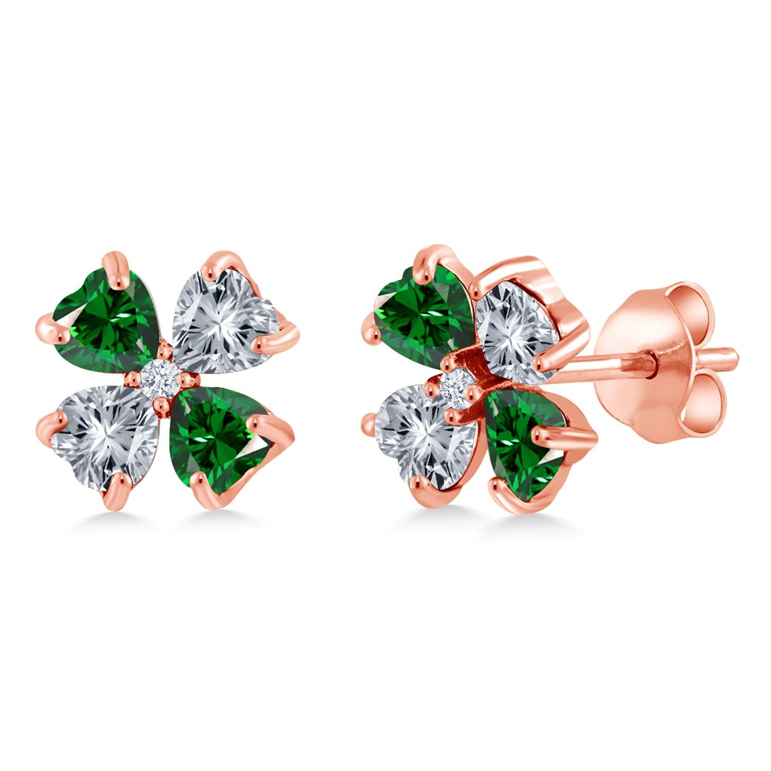18K Rose Gold Plated Silver Stud Earrings 4mm Set with Heart Shape Green and