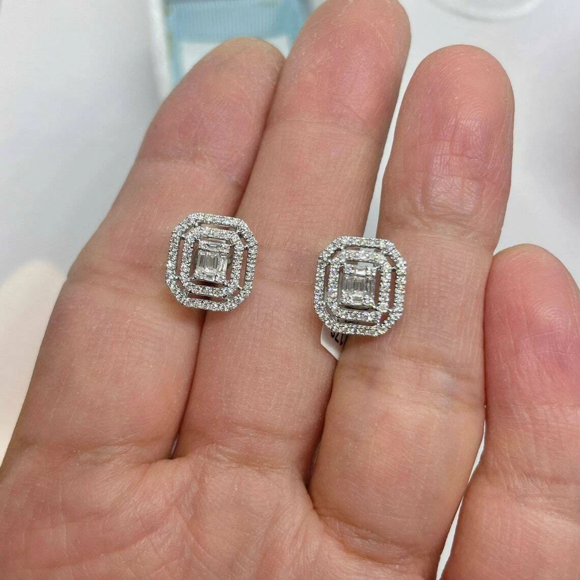 14K White Gold Plated 1.50Ct Round Simulated Diamond Double Halo Stud Earrings