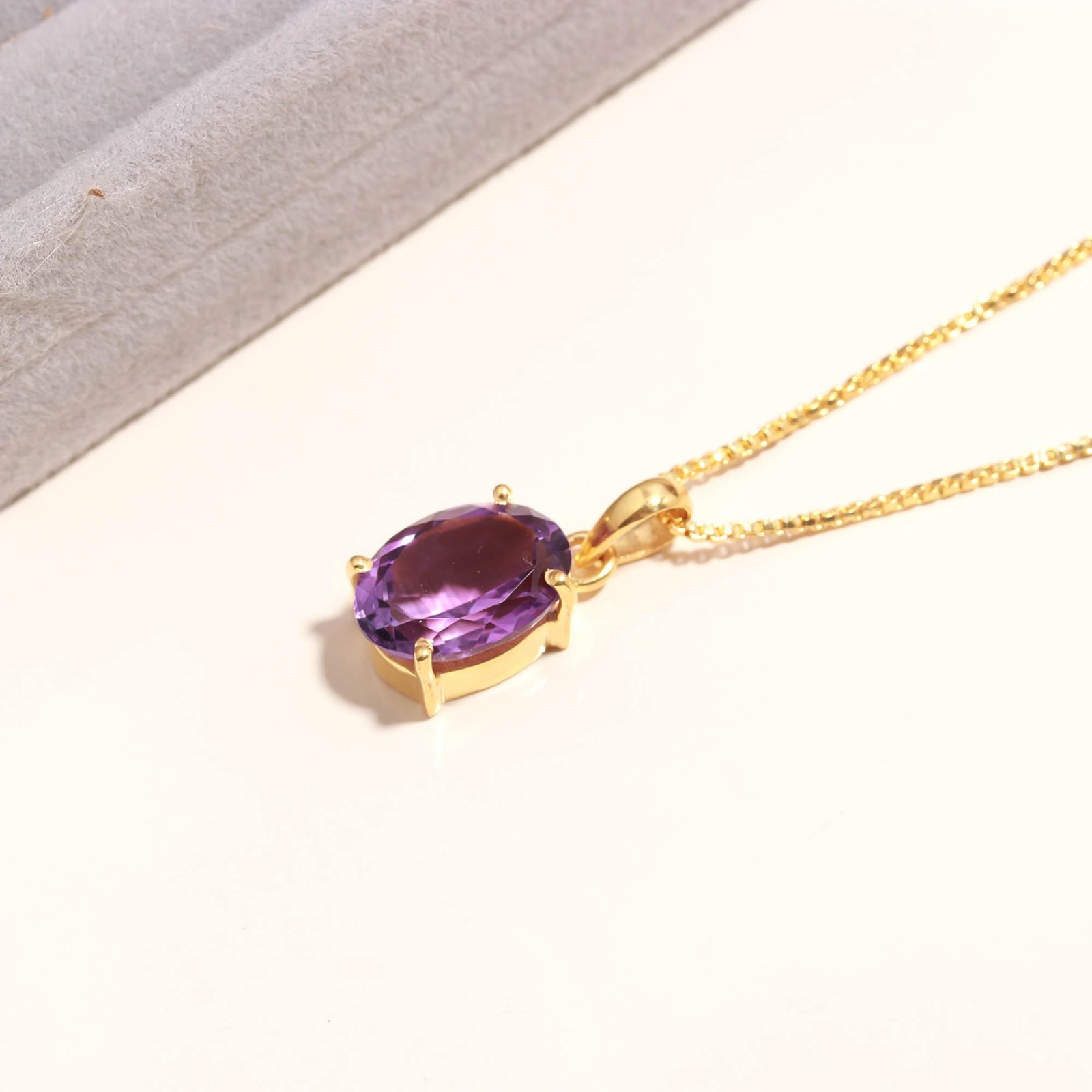 100%Natural Purple Amethyst Oval Pendant Gold Plated 925 Sterling Silver Jewelry