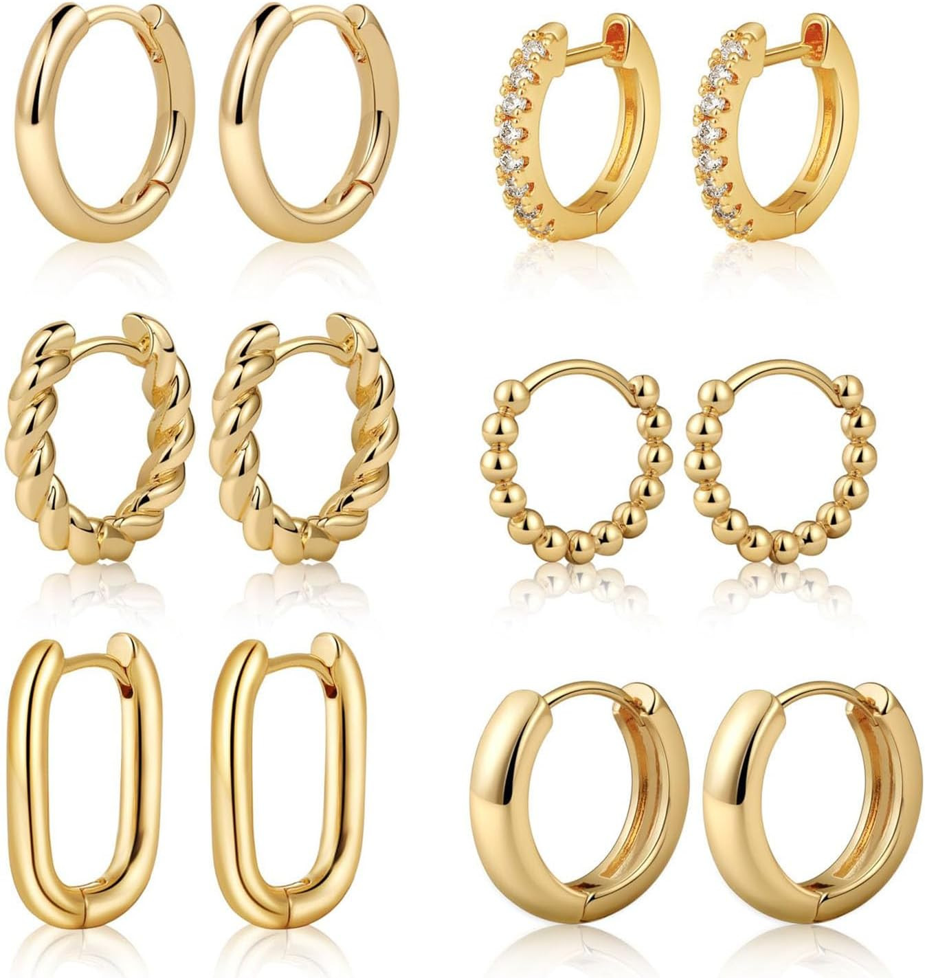 Small Hoop Earrings for Women, 6 Pair 14K Gold Plated Huggie Hoop Earrings Light