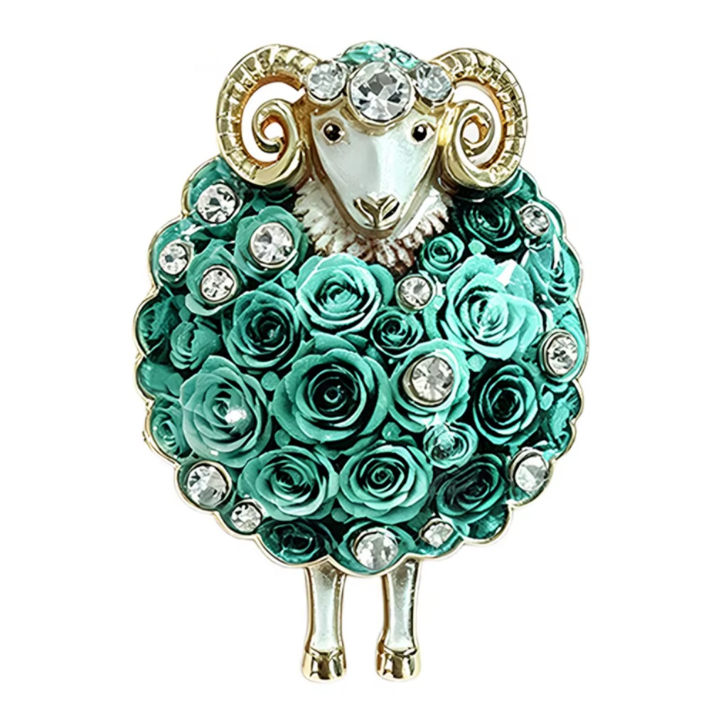 Luxury Green Rose Flower Ram Brooch Pin Crystal Gold Sheep Animal Jewelry Gift