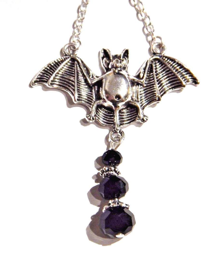 SILVERTONE & BLACK BEADED VAMPIRE BAT EARRINGS pendant halloween gothic R2