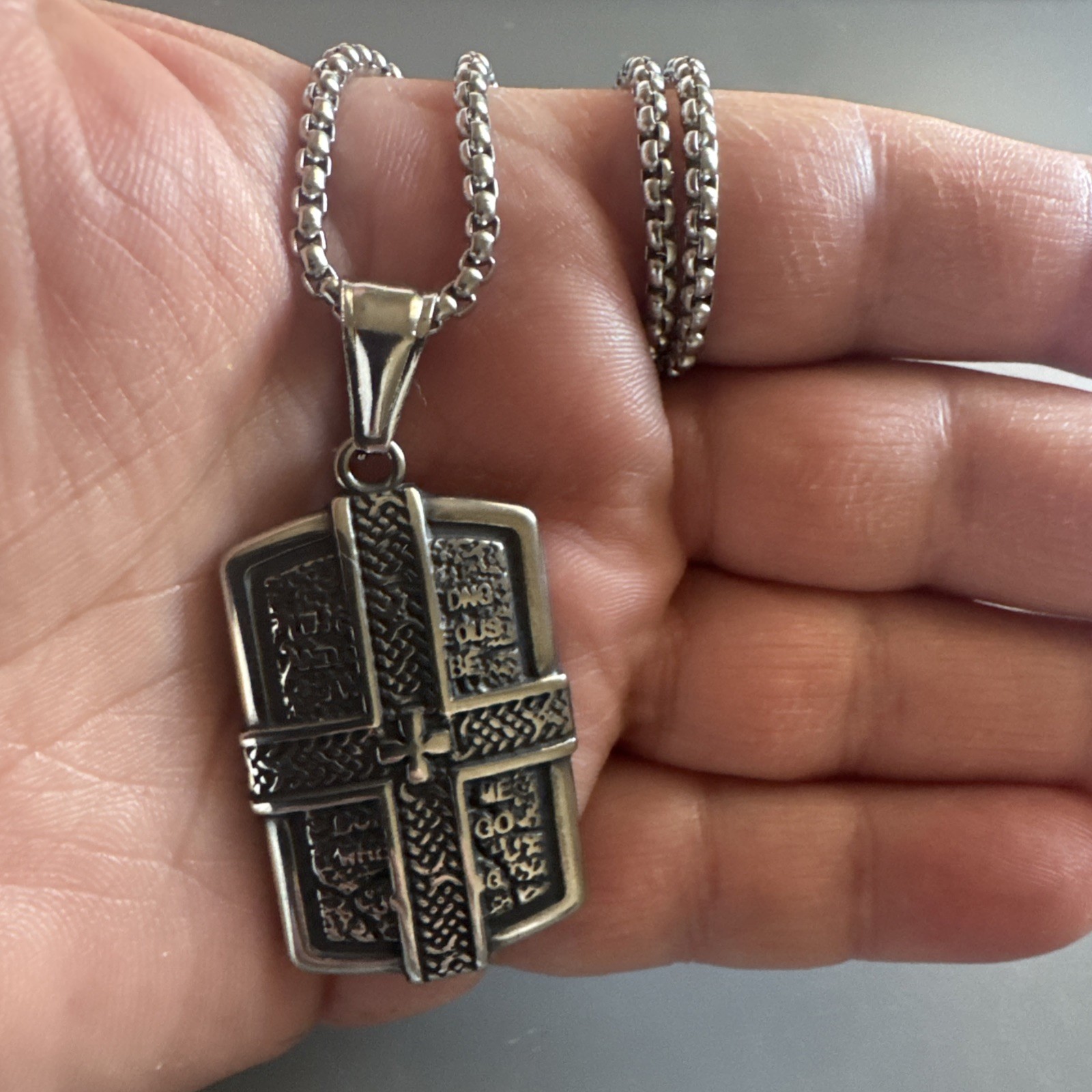 Cross Shield Viking Stainless Steel Pendant 24 Inch Box Chain Religious Dog Tag
