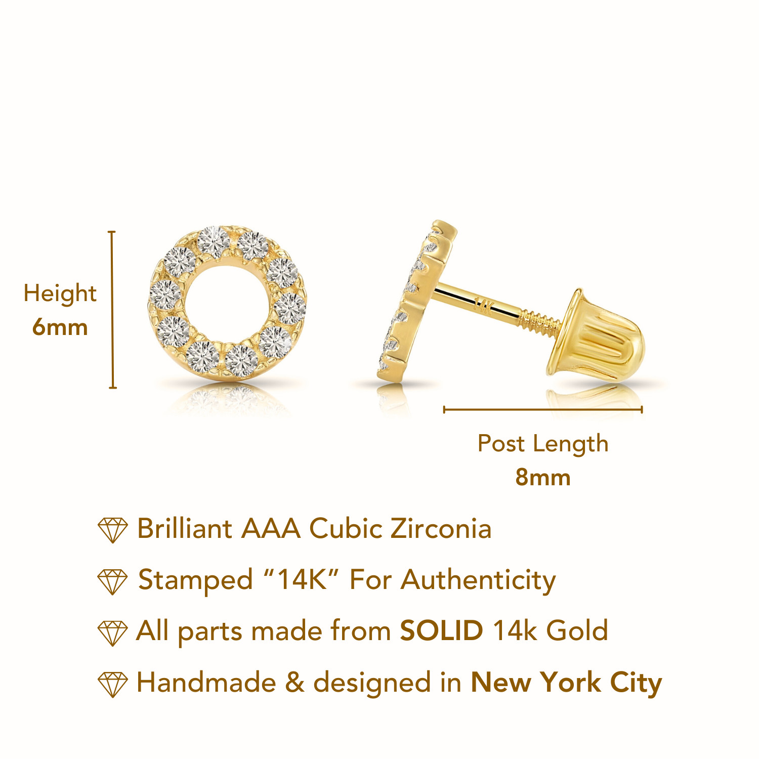 14K Real Solid Yellow Gold Dainty Pave XO CZ Sleeper Stud Earrings Screw-back