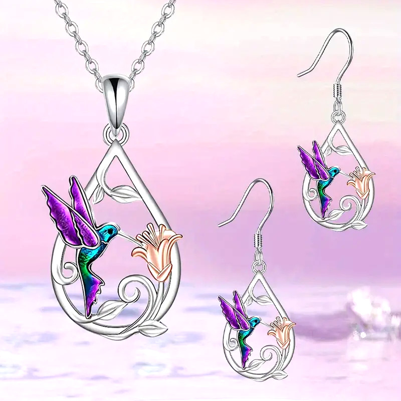 3 PCS Set Hummingbird Waterdrop Earrings Pendant Necklace Bird Flower Purple New