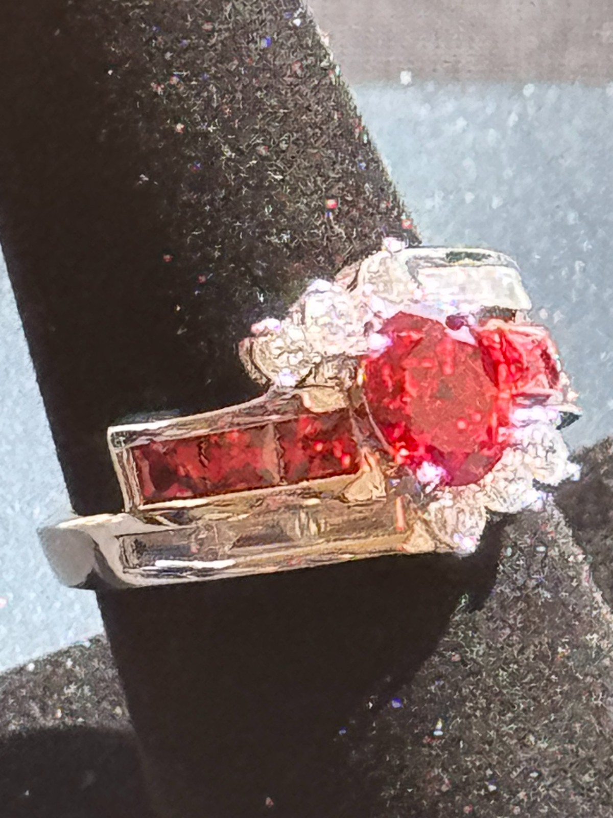 Unique Red Oval Statement Ring with Round Accents Size 9 Free Shipping