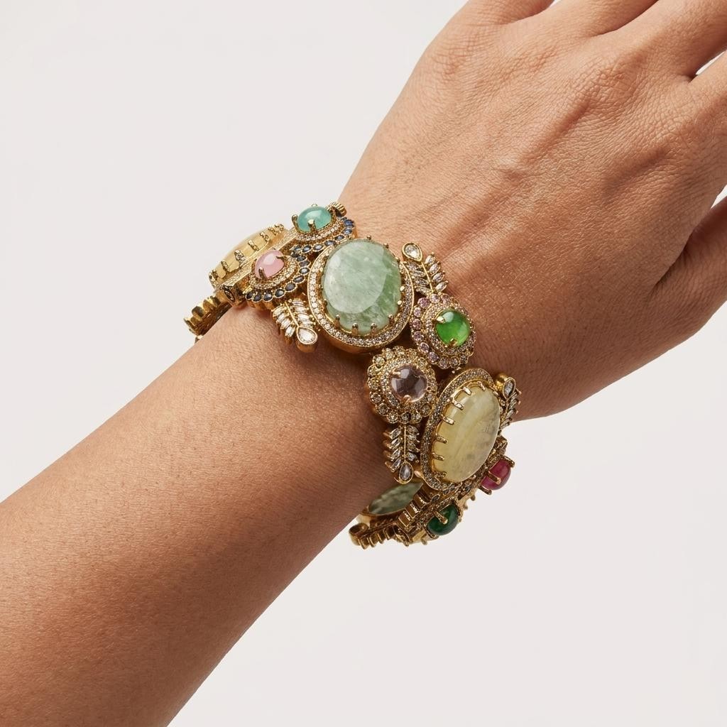 Sabyasachi Inspired Gold Tone Gemstone Cuff Bangle, Multicolor Open Bracelet