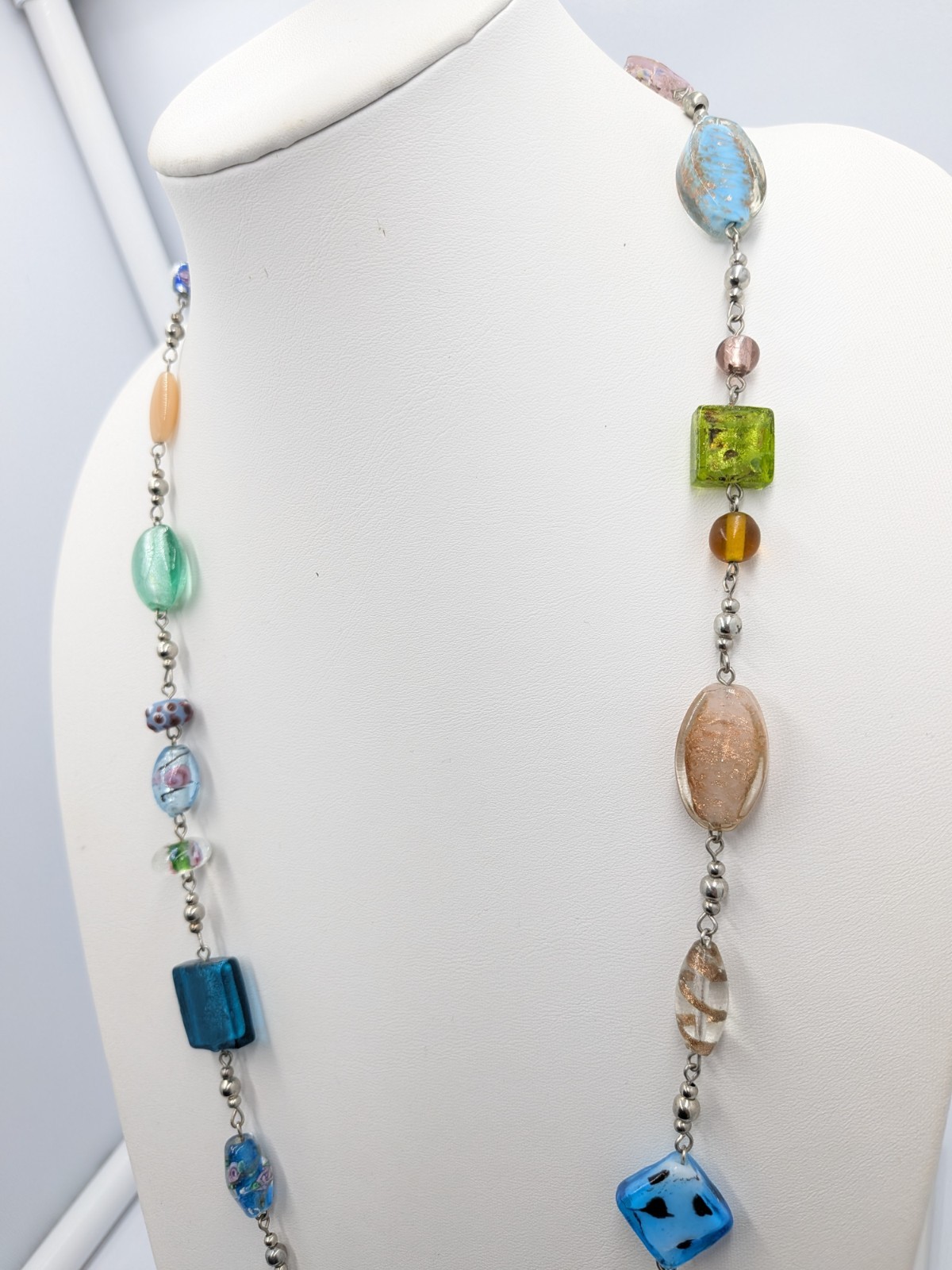 Premier Designs Necklace 35 in Colorful Art Glass Silver Tone Long Bead Strand