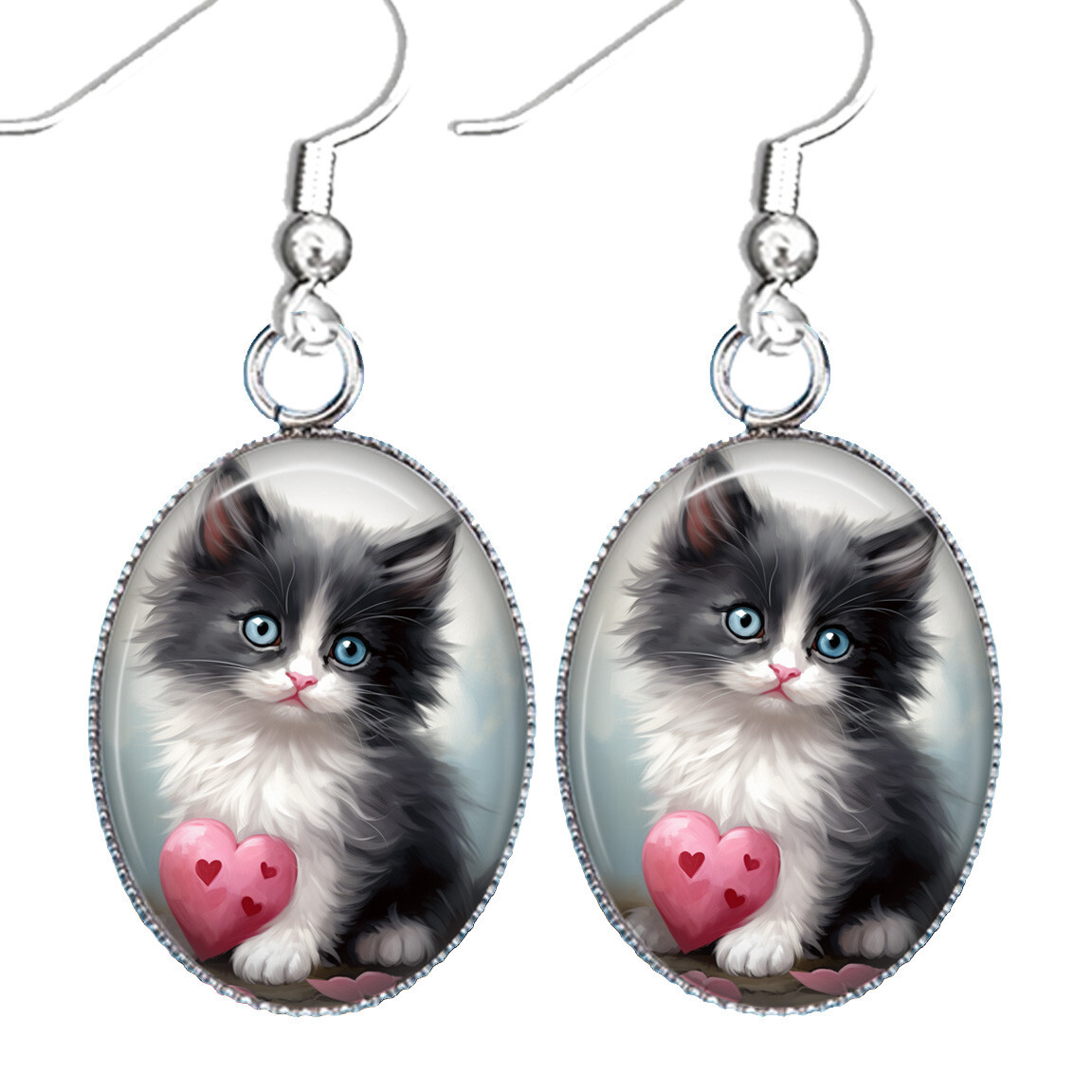 Tuxedo Kitten Earrings Valentine’s Silver Dangle Cat Love Valentine’s Jewelry