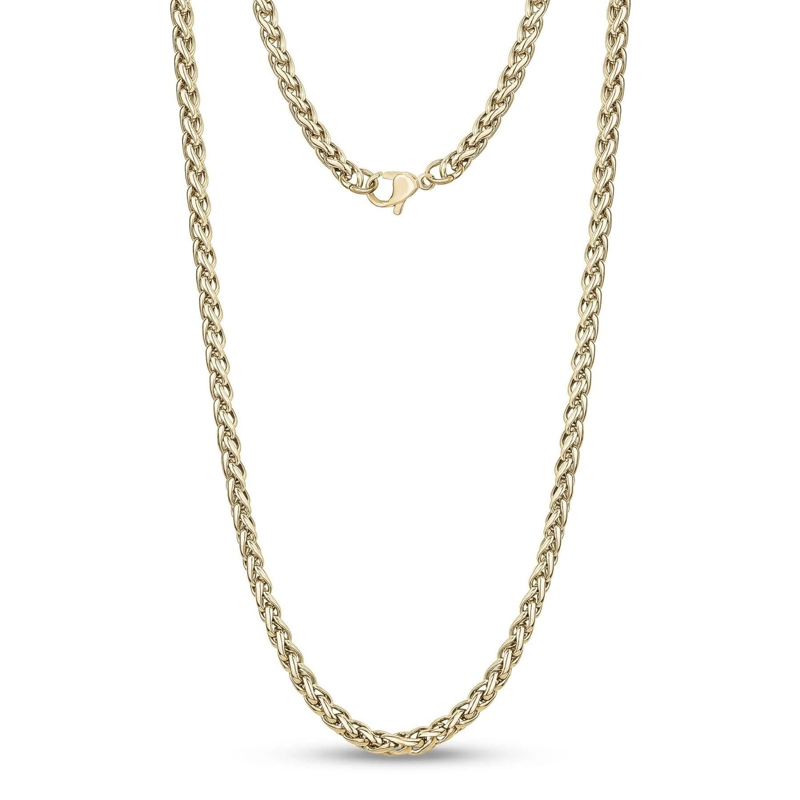 GOLD 316L STAINLESS STEEL 5MM WIDE 22″ / 55CM LONG SPIGA WHEAT ROPE KNOT CHAIN