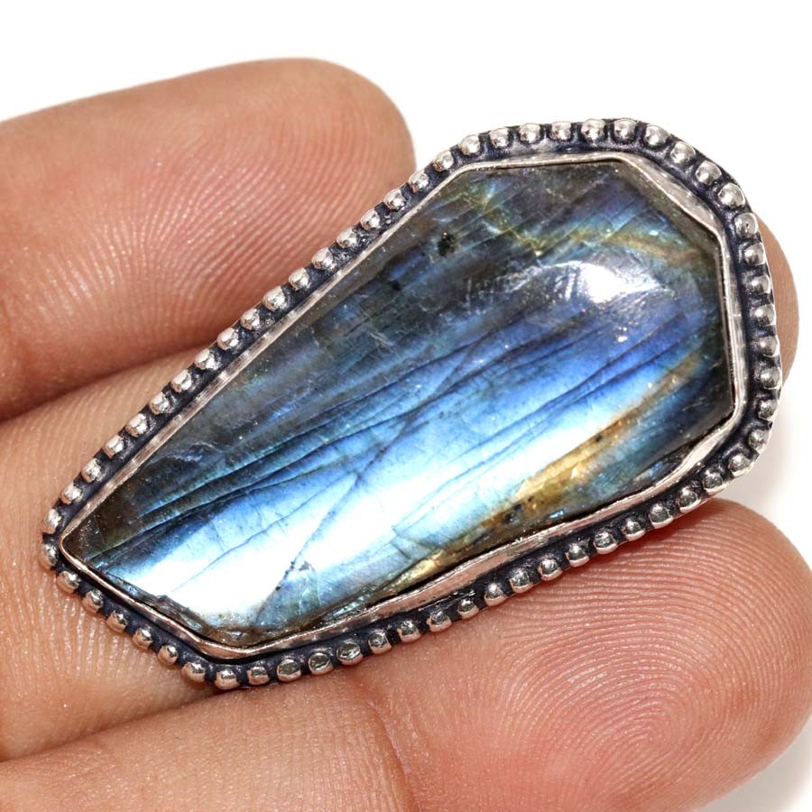 925 Silver Plated Fiery Labradorite Rough Ring US 8 Winter Collection Trendy JW