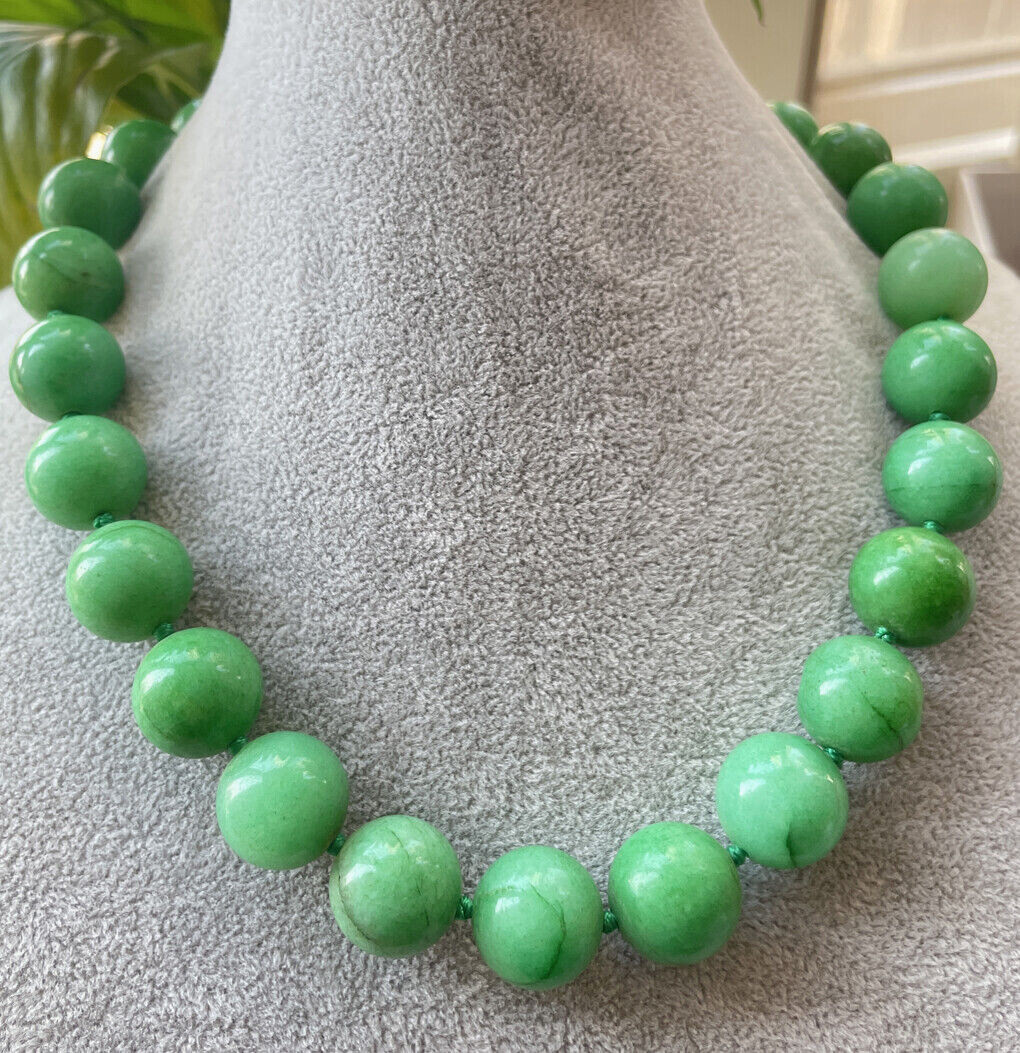 Long 16″ 18″ 25″ 36″ Big 16mm Real Green Jade Gemstone Round Beads Knot Necklace