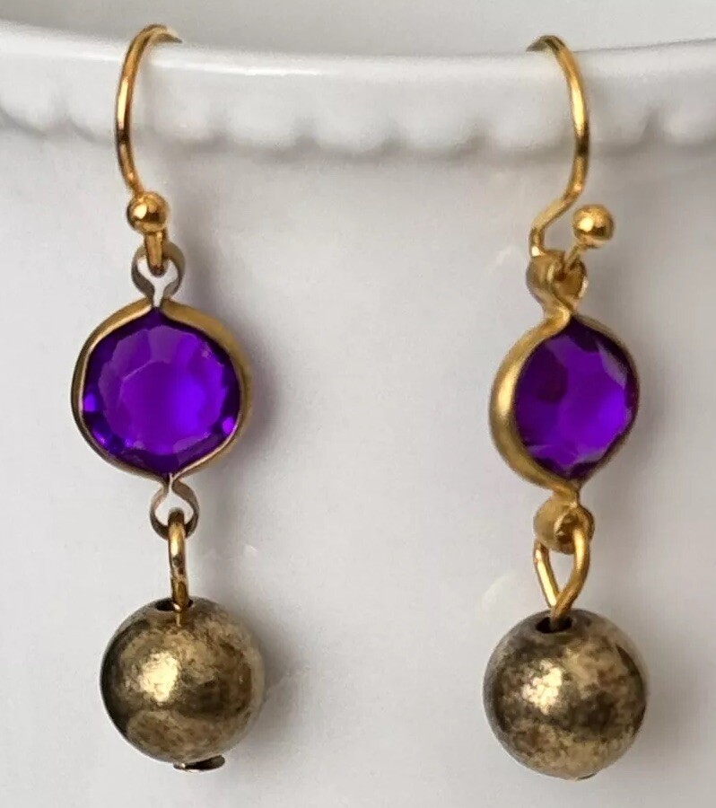 Vintage Purple with Bronze Bead Dangle Earrings. Light Weight and Vibrant