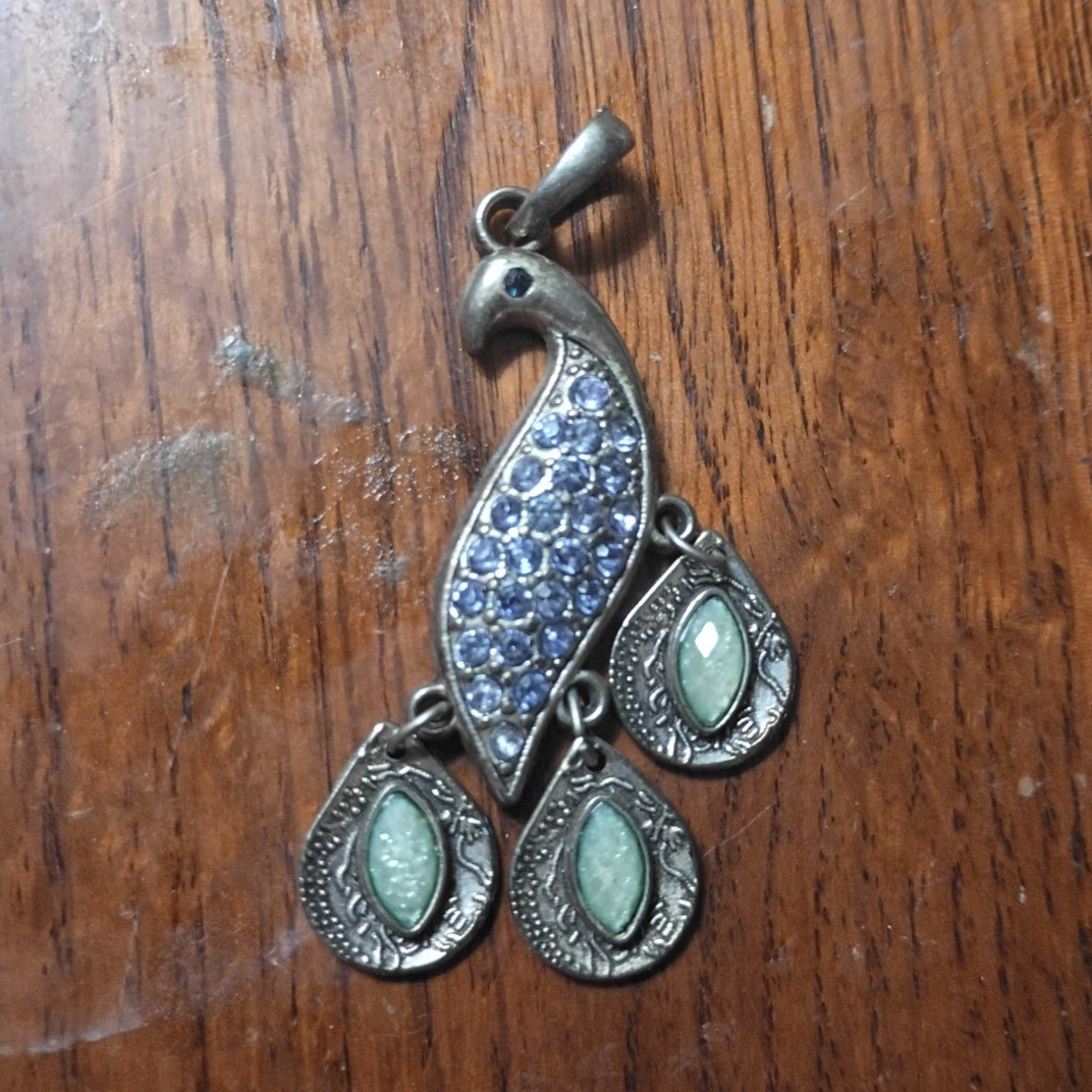 Silver Tone Metal Charm Pendant, 3 Green Oval Bezel Set Stones, Asymmetrical