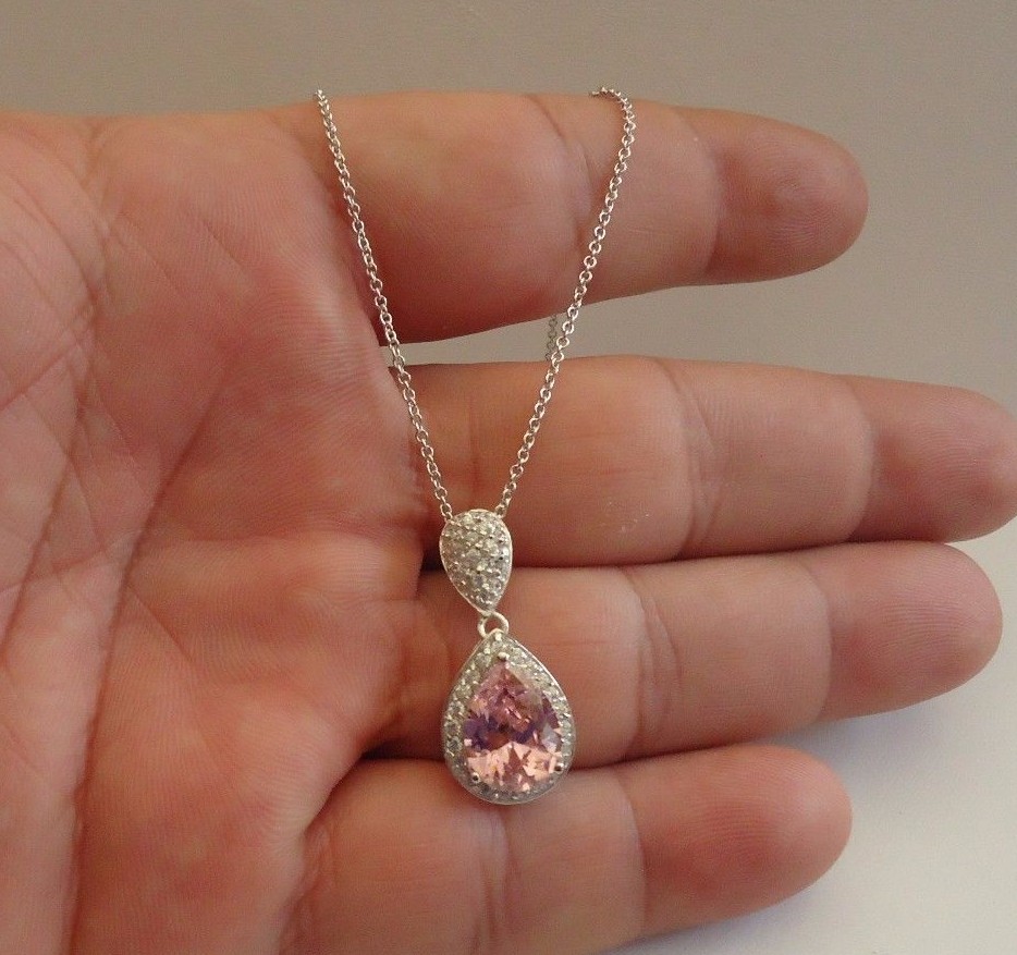 STERLING SILVER DANGLING NECKLACE PENDANT 6 CT PINK & WHITE LAB CREATED DIAMOND