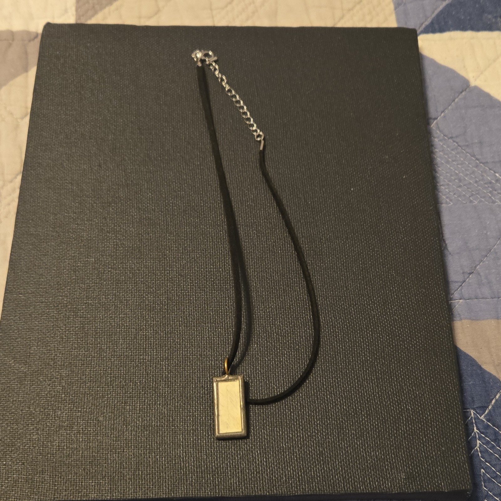 Black/Silver Rectangle Bar Pendant Necklace Cord Chain Adjustable Lobster Rebel