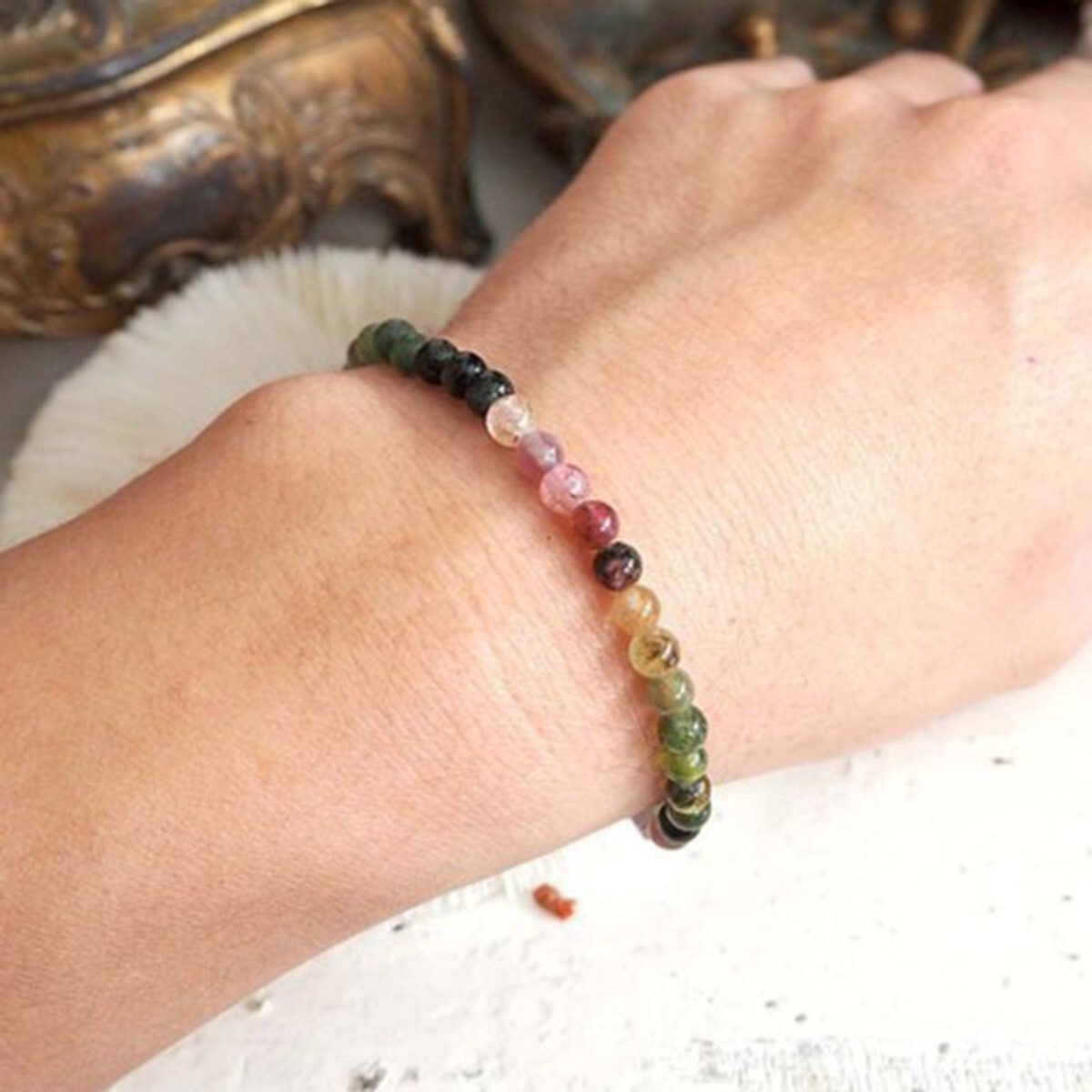 Rainbow Tourmaline Crystal Gemstone Stretch Dainty Bracelet Minimalist 4mm Beads