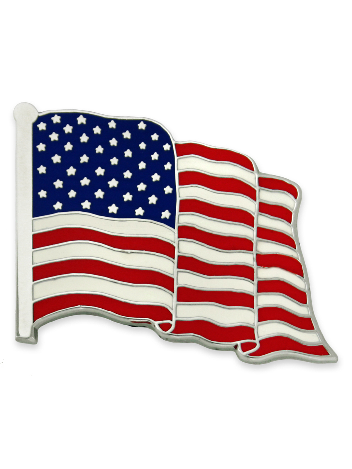 PinMart’s Made in USA Waving American Flag Enamel Lapel Pin – Silver
