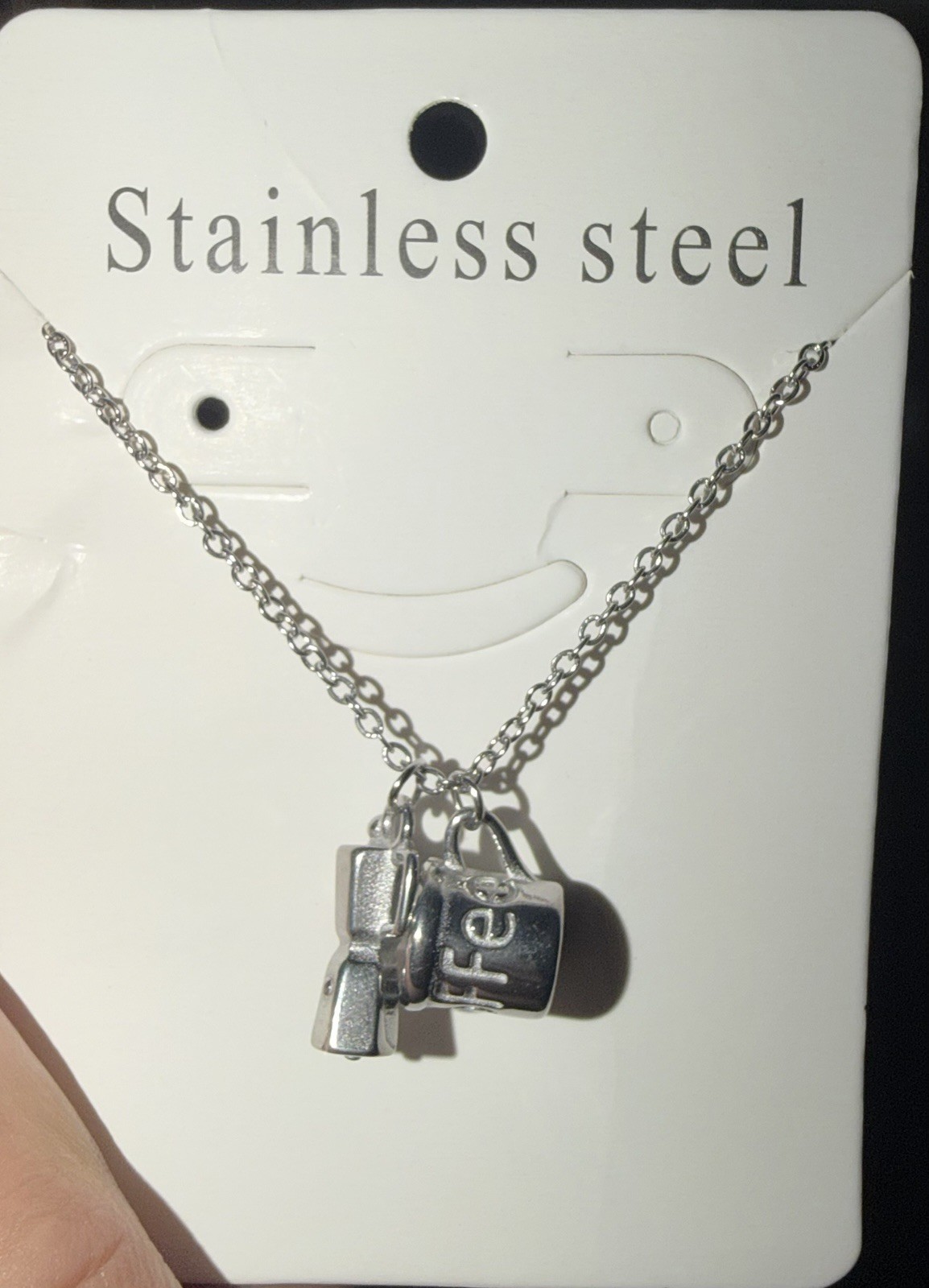 Stainless Steel Silver Coffee Cup & Espresso Maker Charm Necklace/ cadena café