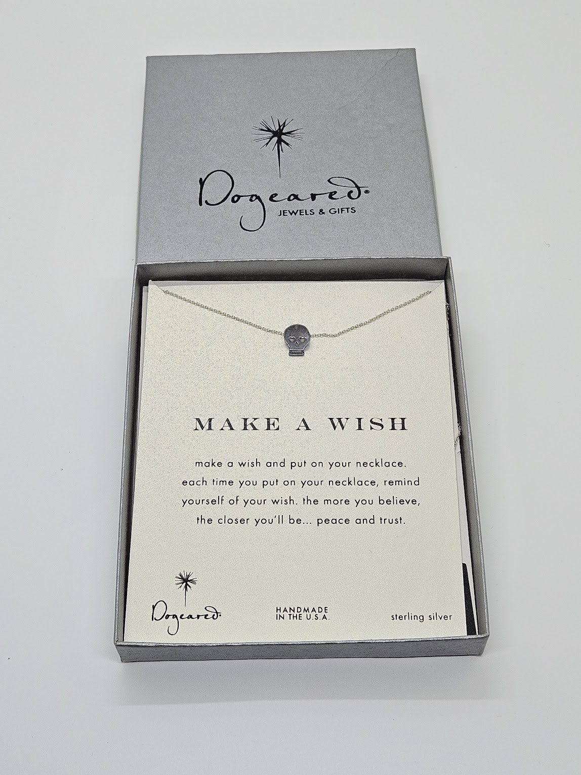 NEW in Box – Dogeared 18″ Sterling Silver Make A Wish SKULL Necklace