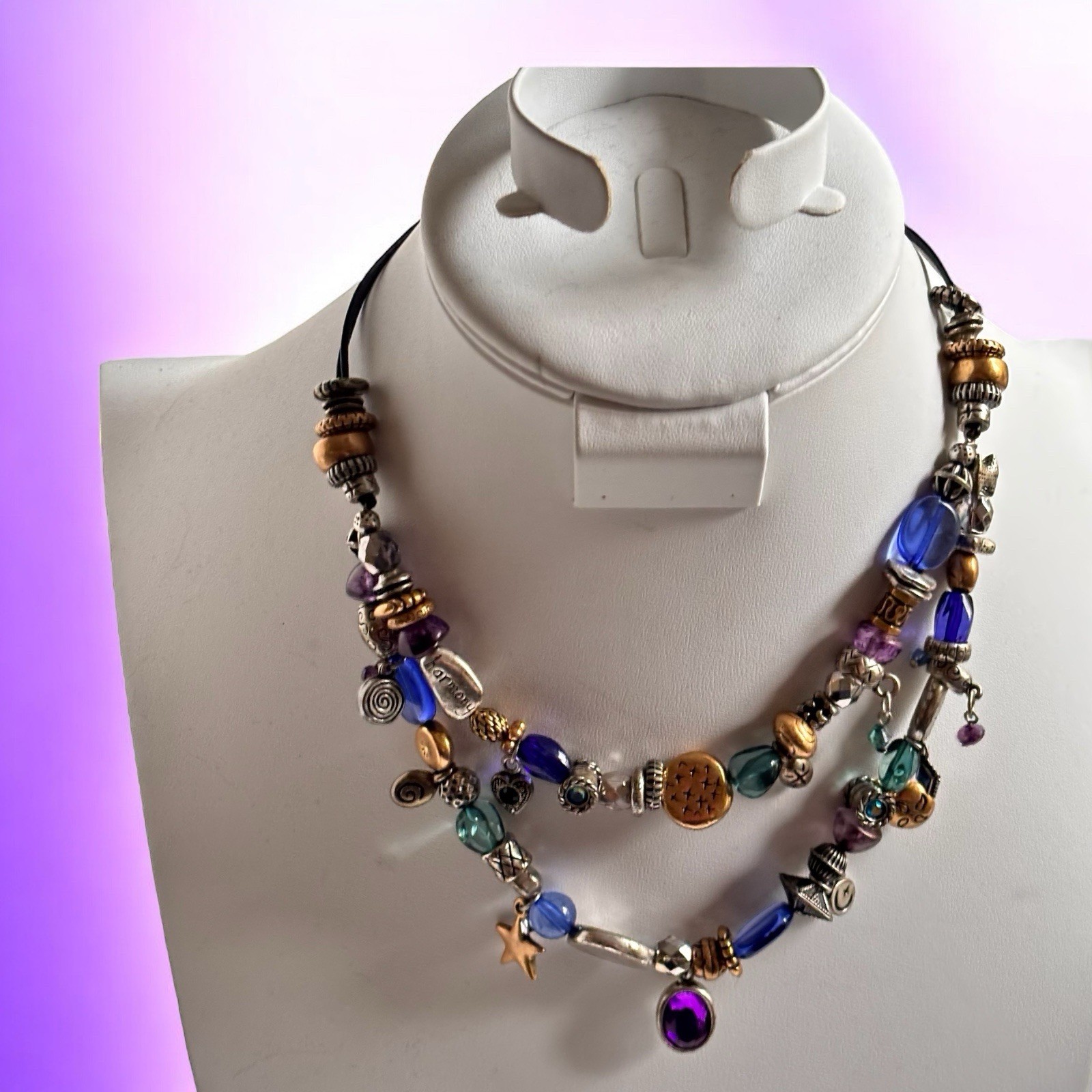 Vintage Unsigned Chico’s Charm Necklace Boho Colorful Dangle Beaded L676