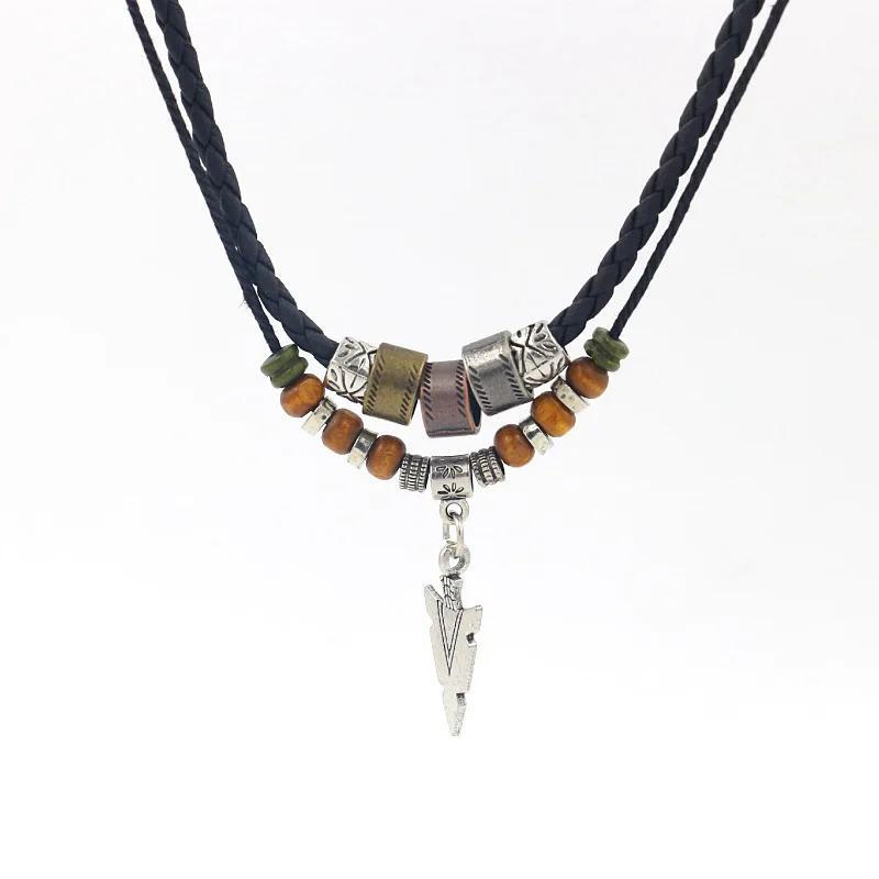 Layered Leather & Beaded Necklace – Vintage Tribal Arrow Pendant for Men