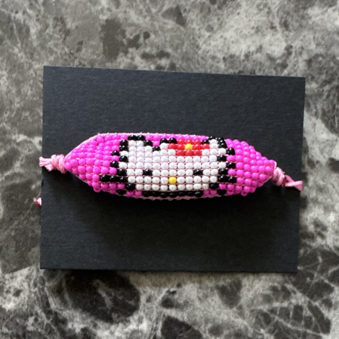 Adjustable Pink & White Glass Beaded Cartoon Face Cord Tie Bracelet