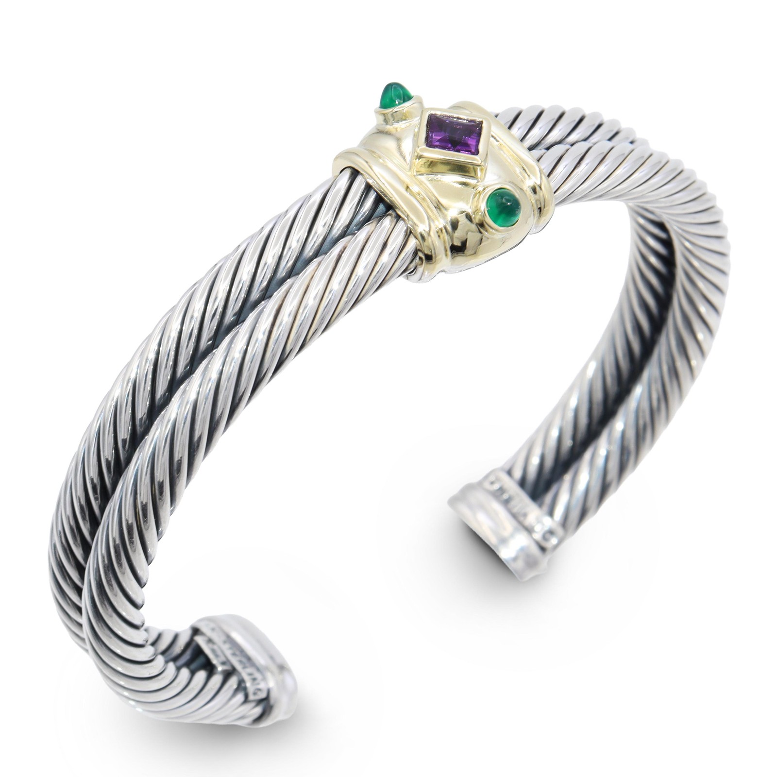 David Yurman Sterling Silver 14K Gold Amethyst Green Onyx Cable Cuff Bracelet