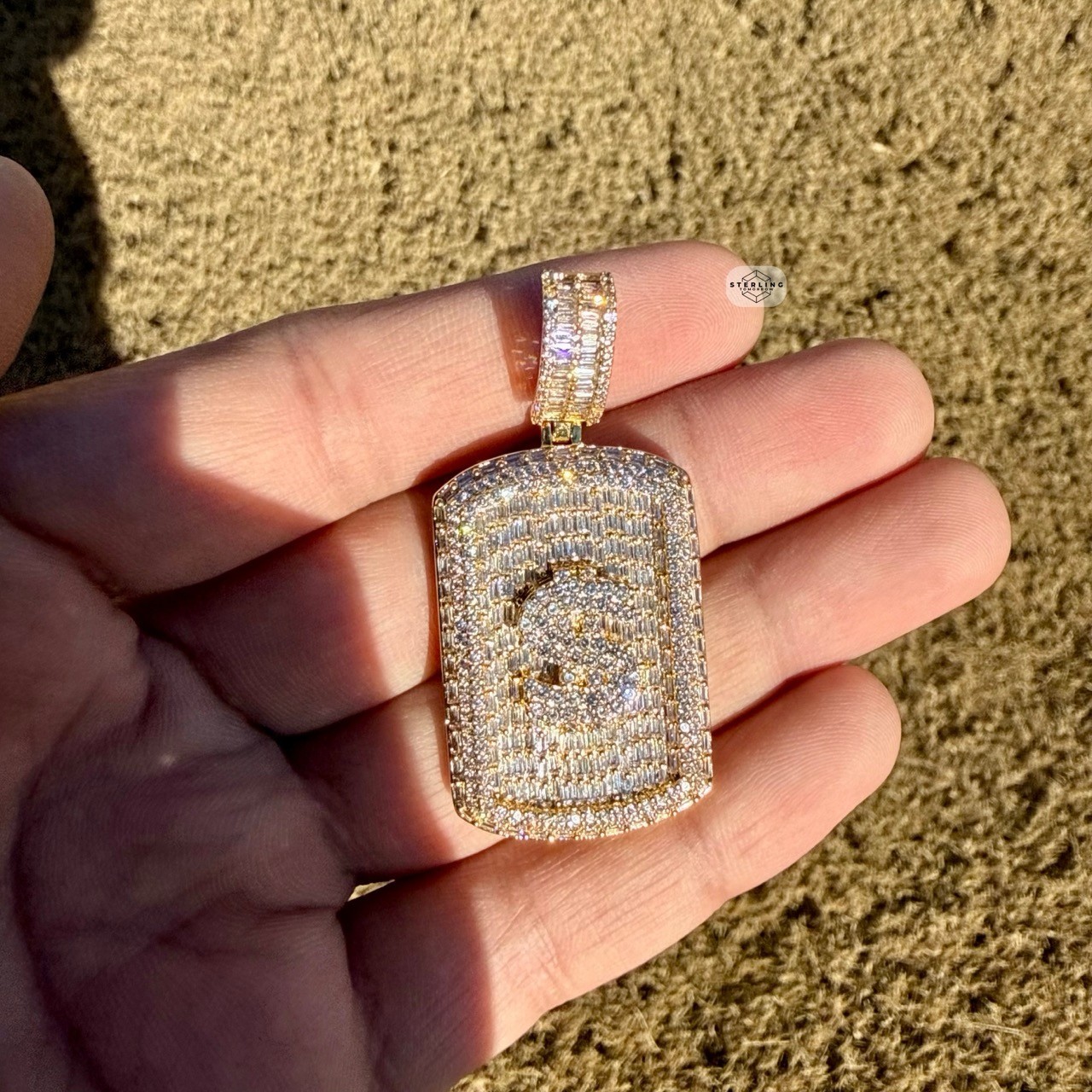 14k Gold Plated Iced Money Dog Tag Hip Hop Mens Pendant + Steel Rope Chain