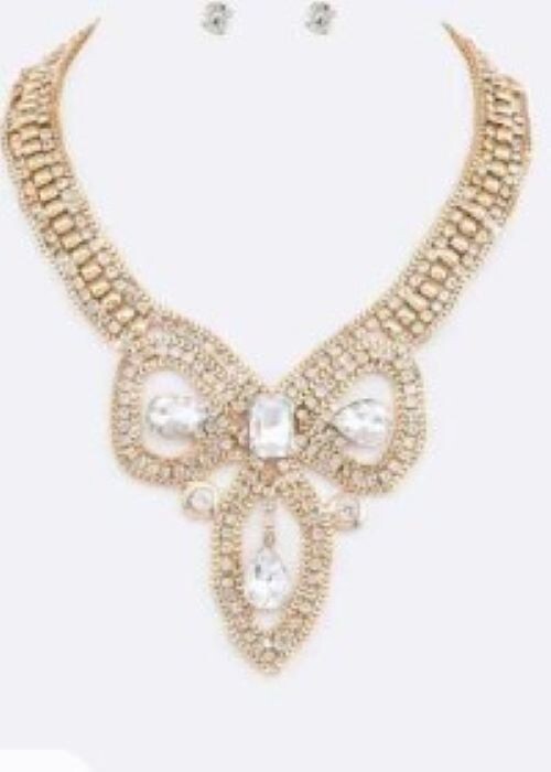 Wedding Statement Necklace Earrings Set Gold Tone Bridal Pageant
