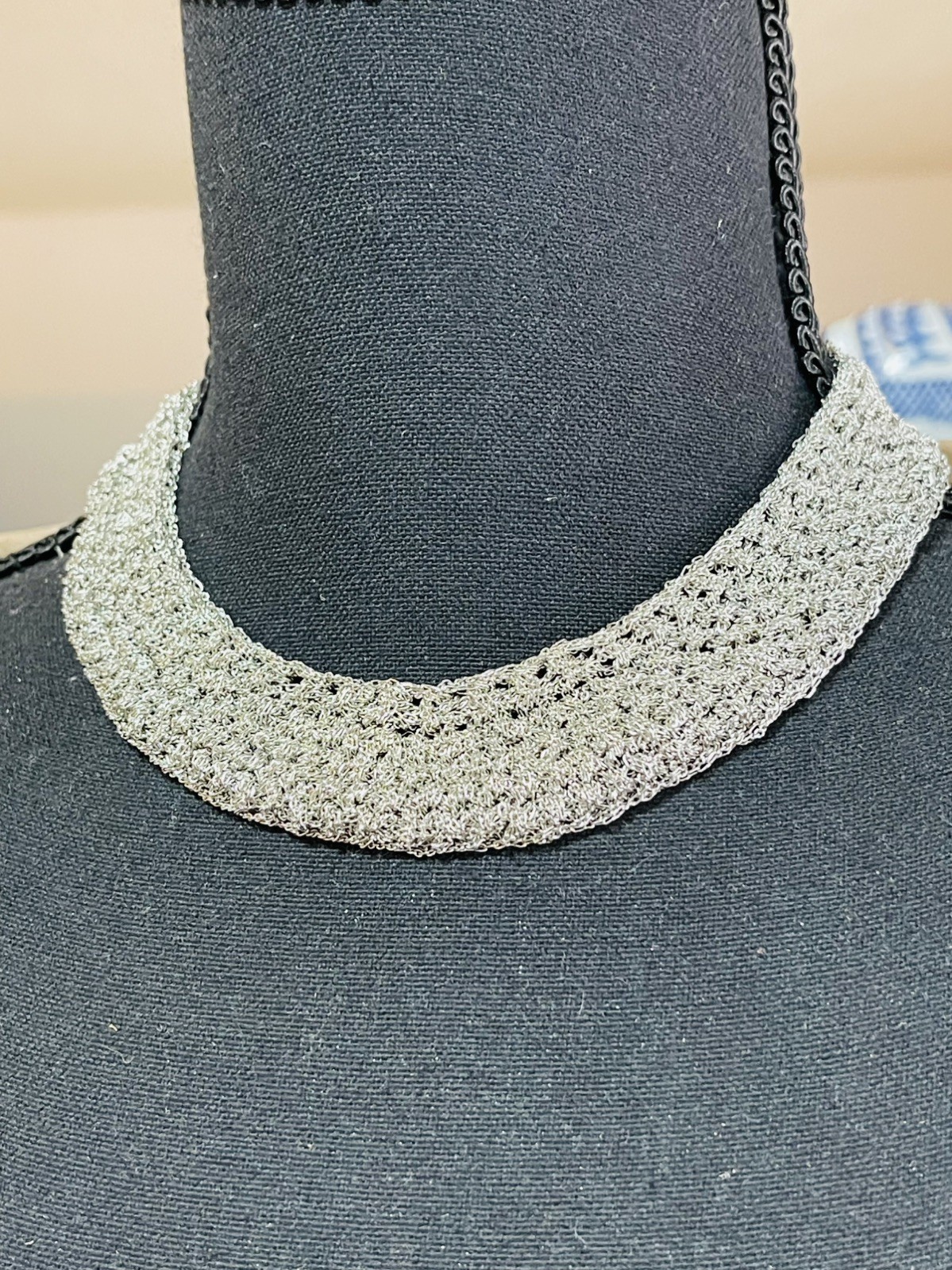 Vintage Silver Tone Handwoven Chain Mesh Choker Necklace Wide Collar Statement