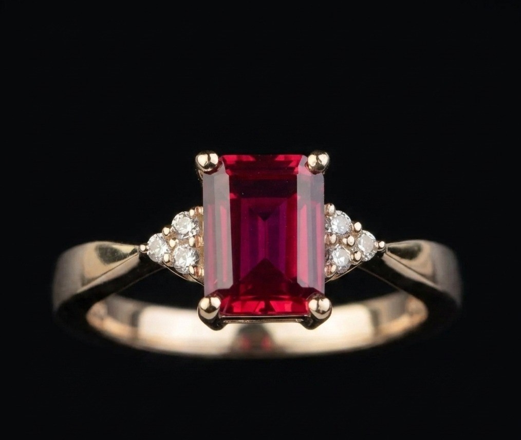 Emerald Cut Lab-Created Ruby, 925 Sterling Silver Statement, CZ Accents,