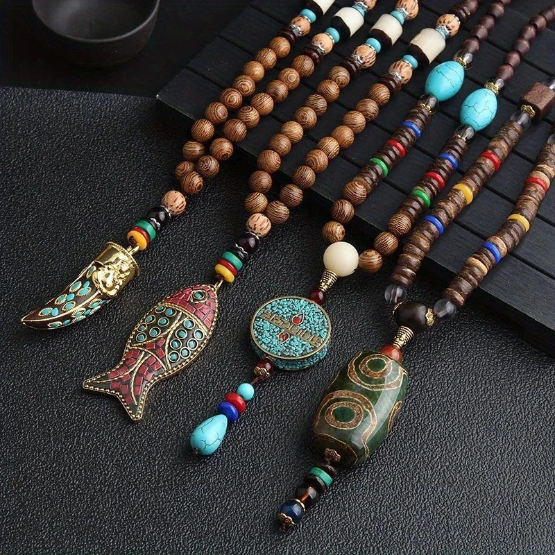 Vintage Nepal Buddhist Mala Necklace Wood Beads Fish Horn Pendant Ethnic Jewelry